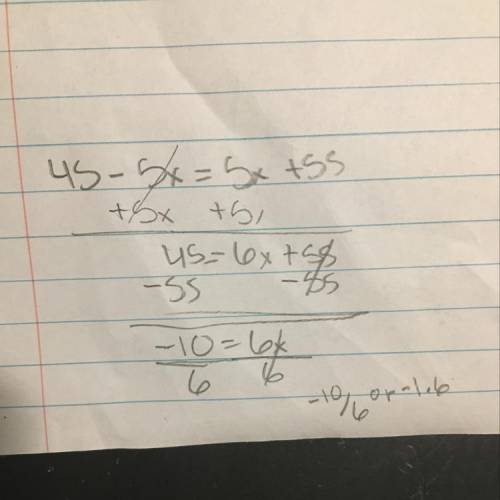 How do you work out 45 - 5x = 5x + 55