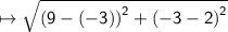 \mapsto{ \sf{  \sqrt{ {(9 - ( - 3))}^{2} +  {( - 3 - 2)}^{2}  } }}