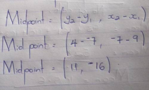 Find the midpoint of the line segment given endpoints (9,-7)(-7,4)
