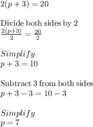 2(p + 3) = 20\\\\\mathrm{Divide\:both\:sides\:by\:}2\\\frac{2\left(p+3\right)}{2}=\frac{20}{2}\\\\Simplify\\p+3=10\\\\\mathrm{Subtract\:}3\mathrm{\:from\:both\:sides}\\p+3-3=10-3\\\\Simplify\\p=7