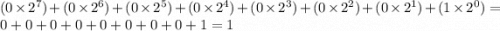 (0 \times  {2}^{7}) + (0 \times  {2}^{6}) + (0 \times  {2}^{5}) + (0 \times {2}^{4}) + (0 \times  {2}^{3}) + (0 \times  {2}^{2}) + (0 \times  {2}^{1}) + (1 \times  {2}^{0} ) = 0 + 0 + 0 + 0 + 0 + 0 + 0 + 0 + 1 = 1