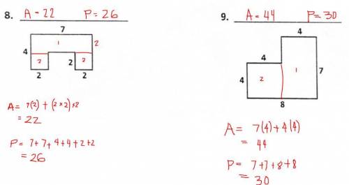 I need help with numbers 8 and 9...

I need to use these formulas for it...
Perimeter =2(b+h)
Area=b