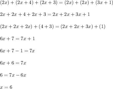 (2x)+(2x+4)+(2x+3)=(2x)+(2x)+(3x+1)\\\\2x+2x+4+2x+3=2x+2x+3x+1\\\\(2x+2x+2x)+(4+3)=(2x+2x+3x)+(1)\\\\6x+7=7x+1\\\\6x+7-1=7x\\\\6x+6=7x\\\\6=7x-6x\\\\x=6