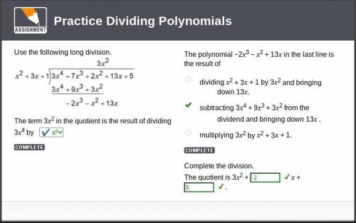 The polynomial −2x3 − x2 + 13x in the last line is the result of

dividing x2 + 3x + 1 by 3x2 and br
