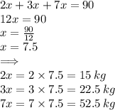 2x + 3x + 7x = 90 \\ 12x = 90 \\ x =  \frac{90}{12}  \\ x = 7.5 \:  \\  \implies \\ 2x = 2 \times 7.5 = 15 \: kg \\ 3x = 3 \times 7.5 = 22.5 \: kg \\ 7x = 7 \times 7.5 = 52.5 \: kg