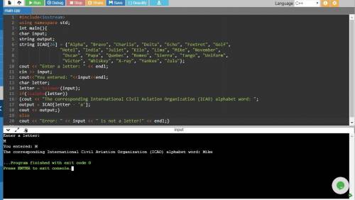 Write a C program that inputs a letter and outputs the corresponding International Civil Aviation Or