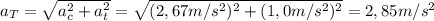 a_{T} = \sqrt{a_{c}^{2} + a_{t}^{2}} = \sqrt{(2,67 m/s^{2})^{2} + (1,0 m/s^{2})^{2}} = 2,85 m/s^{2}