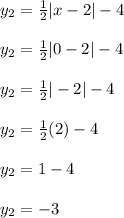 y_2=\frac{1}{2}|x-2|-4\\\\y_2=\frac{1}{2}|0-2|-4\\\\y_2=\frac{1}{2}|-2|-4\\\\y_2=\frac{1}{2}(2)-4\\\\y_2=1-4\\\\y_2=-3