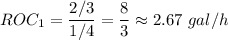 \displaystyle ROC_1=\frac{2/3}{1/4}=\frac{8}{3}\approx 2.67\ gal/h