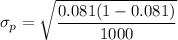 \sigma_p = \sqrt{\dfrac{0.081(1-0.081)}{1000} }