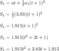 S_1=ut+\frac{1}{2}a_1(t+1)^2\\ \\S_1=\frac{1}{2}(3.83)(t+1)^2\\\\S_1=1.915(t+1)^2\\\\S_1=1.915(t^2+2t+1)\\\\S_1=1.915t^2+3.83t+1.915