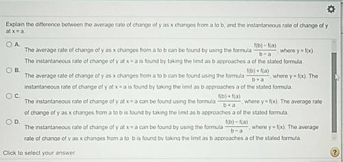 Explain the difference between the average rate of change of y as x changes from a to b, and the ins