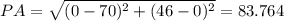 PA=\sqrt{(0-70)^2+(46-0)^2}=83.764
