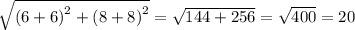 \sqrt{ {(6 + 6)}^{2}  +   {(8 + 8)}^{2}  }  =   \sqrt{144 + 256}   = \sqrt{400}  = 20