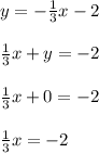 y = -\frac{1}{3} x -2\\\\\frac{1}{3} x +y =-2\\\\\frac{1}{3} x +0=-2\\\\\frac{1}{3} x =-2