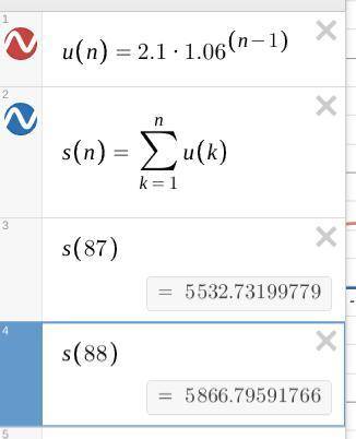 if we have a geometric series with u1 = 2.1 and r= 1.06, what would the least value of n be such tha