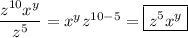 \dfrac{z^{10}x^y}{z^5}=x^yz^{10-5}=\boxed{z^5x^y}