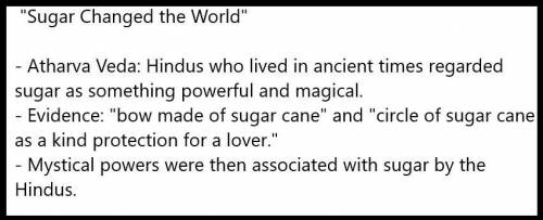 Read the passage from Sugar Changed the World.

One of these early Hindu writings, the Atharva Ved