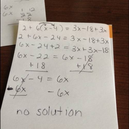 How many solutions does the equation 2+6(x-4)=3x-18+3x have?