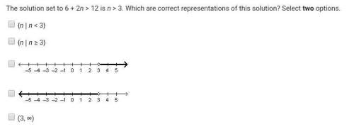 The solution set to 6 + 2n &gt; 12 is n &gt; 3. which are correct representations of this solution