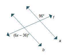Lines a and b are cut by transversal f. at the intersection of lines f and a, the top left angle is