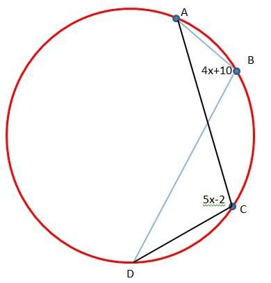 Angle abd measures (4x + 10)^o. angle acd measures (5x − 2)^o what is the measure of arc ad?