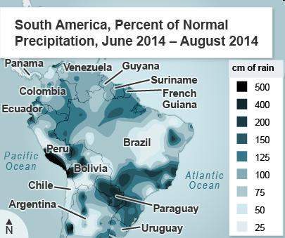 This map shows precipitation levels in south america. what can you learn abo