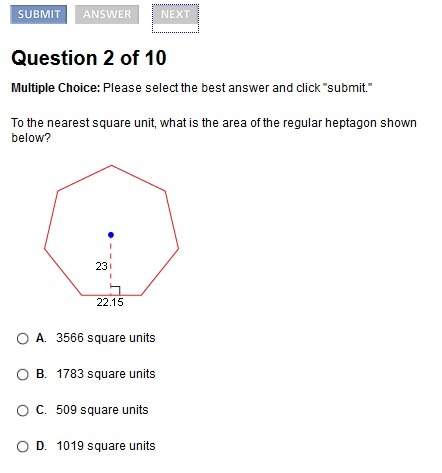 To the nearest square unit, what is the area of the regular heptagon shown below?  a. 35
