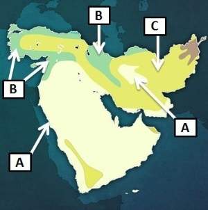 The map above is a climate map of the middle east. which of these answers best describes the charact
