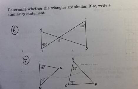 Determine whether the triangles are simlar. if so, write a similarty statement.