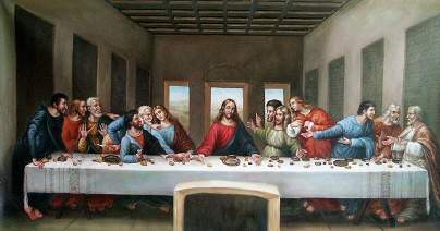 In the painting above by leonardo da vinci, where is the vanishing point? a. the table of dishes an
