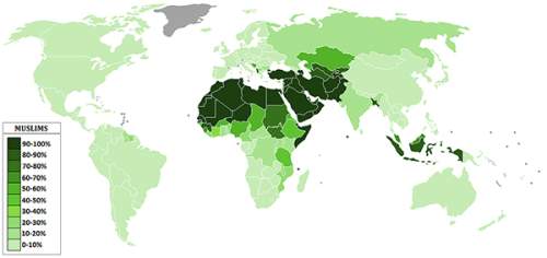 The map below shows the muslim population in the present-day world. use the map to answer the follow