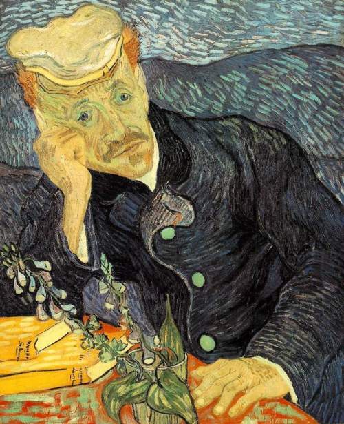 Prompt: write a caption to appear next to vincent van gogh’s “portrait of dr. gachet” in a museum.