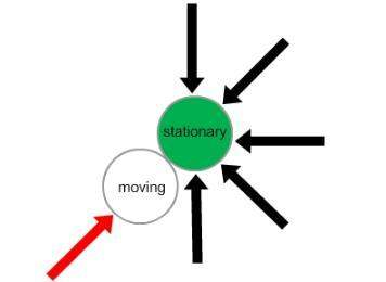 The diagram shows two dodgeballs colliding. the red arrow shows the direction of force of the moving