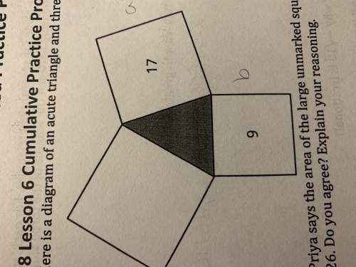 Here is a diagram is an acute triangle and three squares. priya says the area of the large unmarked