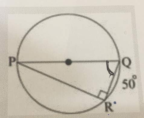 Zubin drew a circle with a right triangle pqr inscribed in it. if the measure of arc qr is 50 degree