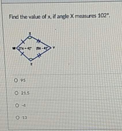 Find the value of x if angle x measures 102°