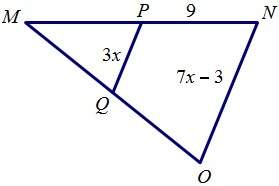 If line qp is a midsegment of triangle mno, find x
