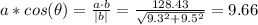 a*cos(\theta) = \frac{a\cdot b}{|b|} = \frac{128.43}{\sqrt{9.3^{2} + 9.5^{2}}} = 9.66