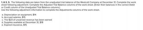 The following data are taken from the unadjusted trial balance of the Westcott Company at December 3