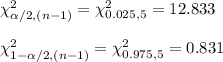\chi^{2}_{\alpha/2, (n-1)}=\chi^{2}_{0.025,5}=12.833\\\\\chi^{2}_{1-\alpha/2, (n-1)}=\chi^{2}_{0.975,5}=0.831
