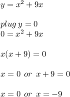 y =  {x}^{2}  + 9x \\  \\ plug \: y = 0 \\ 0 =  {x}^{2}  + 9x \\  \\ x(x + 9) = 0 \\  \\ x = 0 \:  \: or \:  \: x + 9 = 0 \\  \\ x = 0 \:  \: or \:  \: x =  - 9