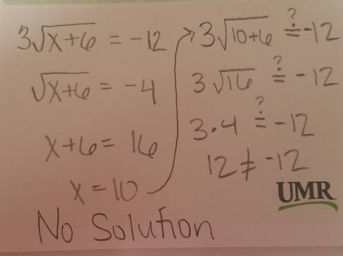 Find the solution of 3 times the square root of the quantity of x plus 6 equals negative 12, and det