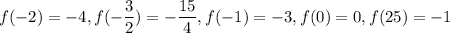 f(-2)=-4, f(-\dfrac{3}{2})=-\dfrac{15}{4},f(-1)=-3,f(0)=0,f(25)=-1
