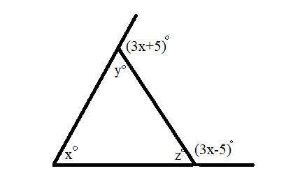 Find the values of x, y, and z in the triangle to the right. A triangle has angles labeled as follow