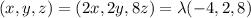 \nablaf(x,y,z)=(2x,2y,8z)=\lambda(-4,2,8)