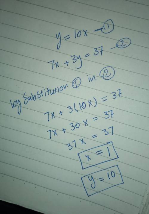 Solve the system by substitution.
Y = 10x
7x + 3y =
37