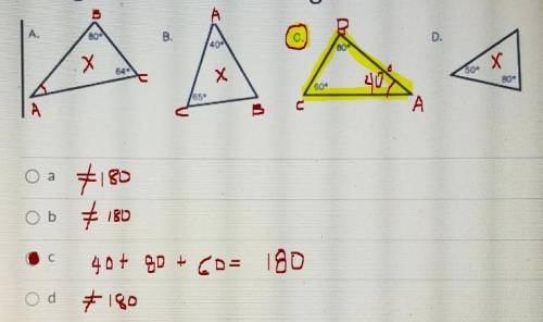 in triangle ABC, M angle A=40 degrees and m angle B=80 degrees. which of the following triangles is