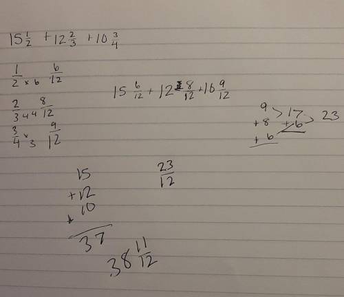 15 1/2 + 12 2/3 + 10 3/4 as a mixed number in simplest form help asap