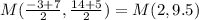 M(\frac{-3+7}{2} , \frac{14+5}{2} )=M(2,9.5)